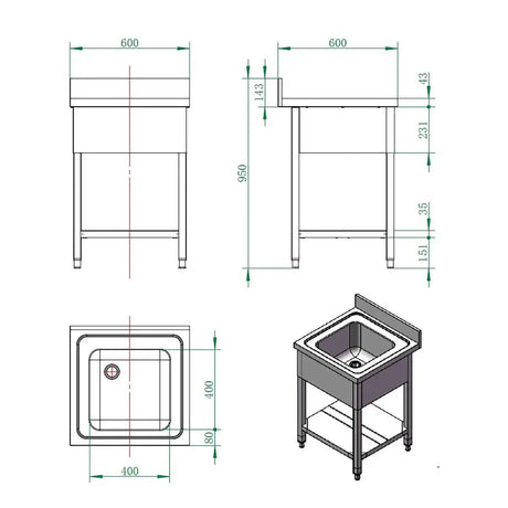 EASYLINE Spültisch 600 / 1 Becken B:600 - Gastro-Bedarf24 GmbH