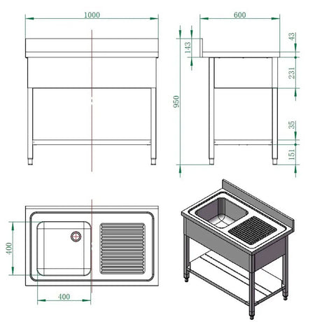 EASYLINE Spültisch 600 / 1 Becken links mit Abtropffläche B:1000 - Gastro-Bedarf24 GmbH