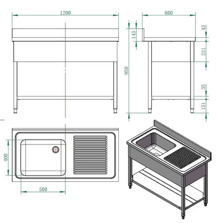 EASYLINE Spültisch 600 / 1 Becken links und Abtropffläche B:1200 - Gastro-Bedarf24 GmbH