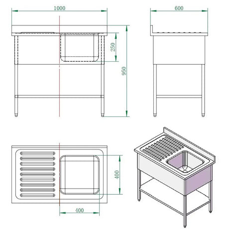 EASYLINE Spültisch 600 / 1 Becken rechts mit Abtropffläche B:1000 - Gastro-Bedarf24 GmbH