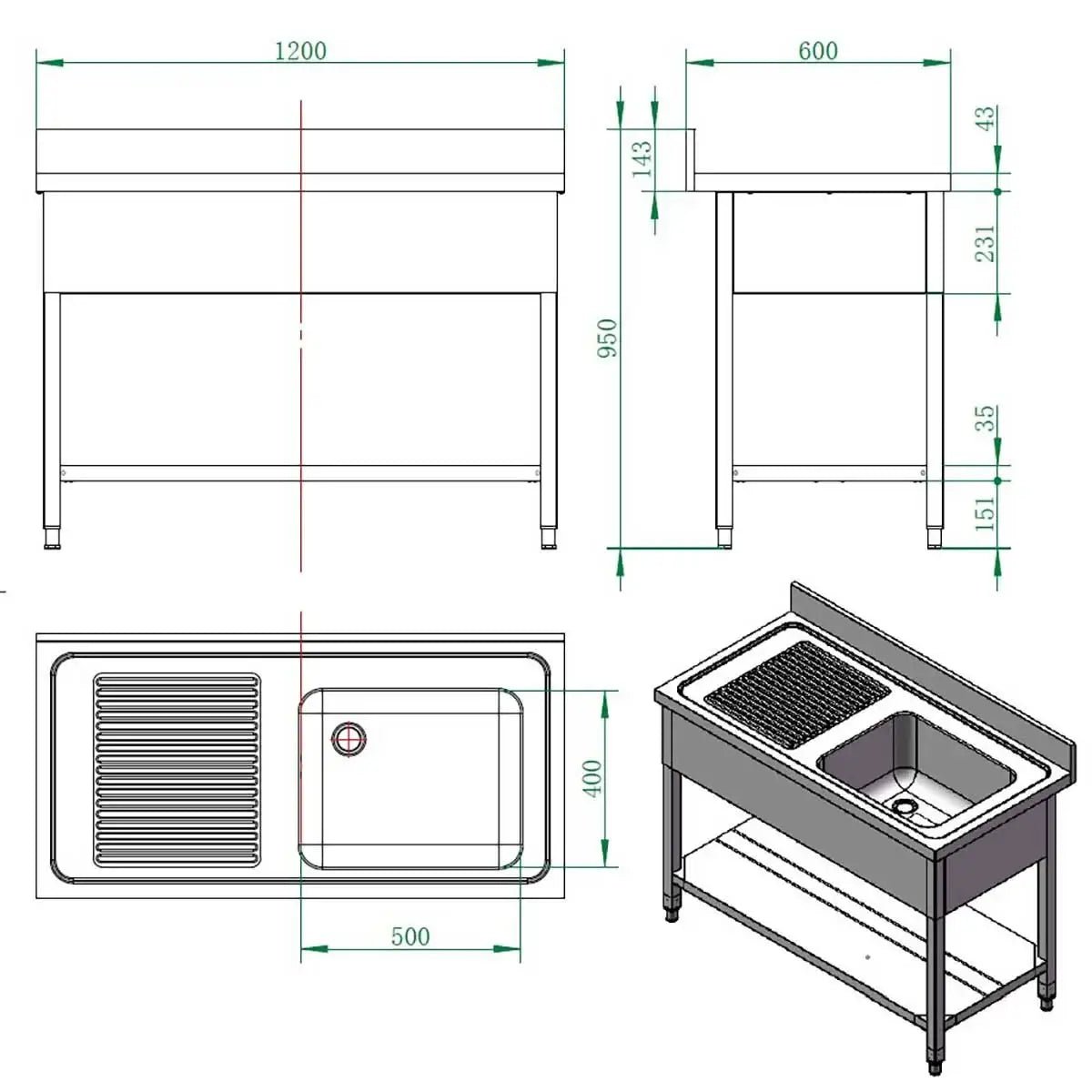 EASYLINE Spültisch 600 / 1 Becken rechts und Abtropffläche B:1200 - Gastro-Bedarf24 GmbH