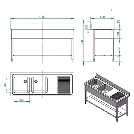 EASYLINE Spültisch 600 / 2 Becken links und Abtropffläche B:1600 - Gastro-Bedarf24 GmbH