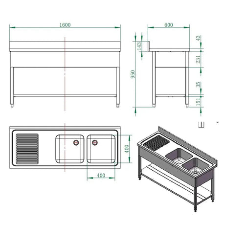 EASYLINE Spültisch 600 / 2 Becken rechts und Abtropffläche B:1600 - Gastro-Bedarf24 GmbH