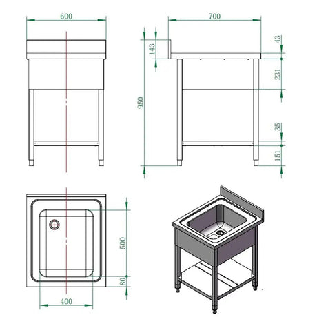 EASYLINE Spültisch 700 / 1 Becken B:600 - Gastro-Bedarf24 GmbH