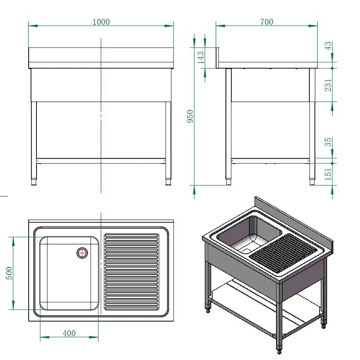 EASYLINE Spültisch 700 / 1 Becken links und Abtropffläche B:1000 - Gastro-Bedarf24 GmbH