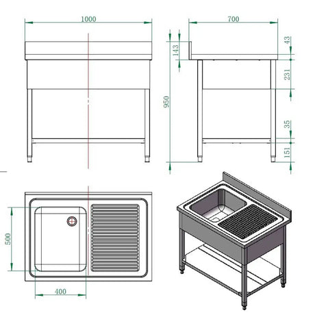 EASYLINE Spültisch 700 / 1 Becken links und Abtropffläche B:1000 - Gastro-Bedarf24 GmbH