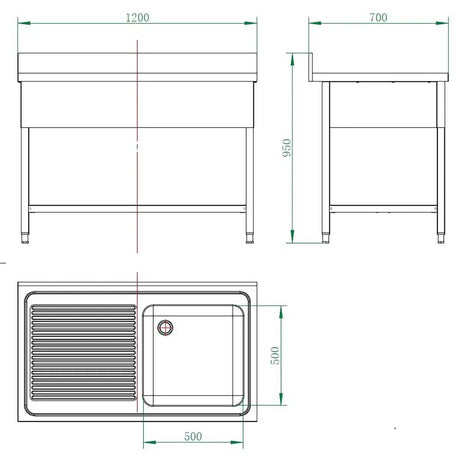 EASYLINE Spültisch 700 / 1 Becken rechts und Abtropffläche B:1200 - Gastro-Bedarf24 GmbH