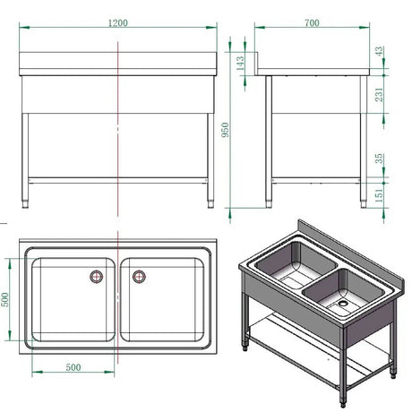 EASYLINE Spültisch 700 / 2 Becken B:1200 - Gastro-Bedarf24 GmbH