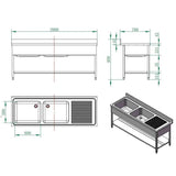 EASYLINE Spültisch 700 / 2 Becken links und Abtropffläche B:2000 - Gastro-Bedarf24 GmbH