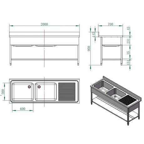 EASYLINE Spültisch 700 / 2 Becken links und Abtropffläche B:2000 - Gastro-Bedarf24 GmbH