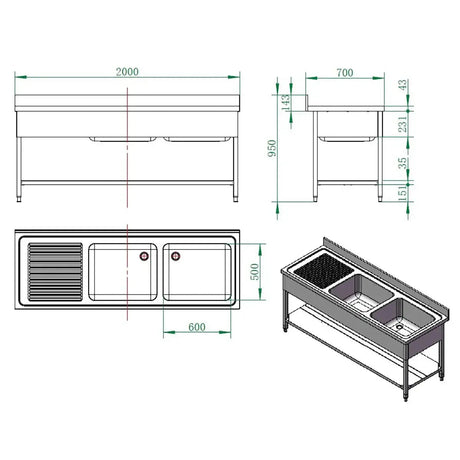 EASYLINE Spültisch 700 / 2 Becken rechts und Abtropffläche B:2000 - Gastro-Bedarf24 GmbH