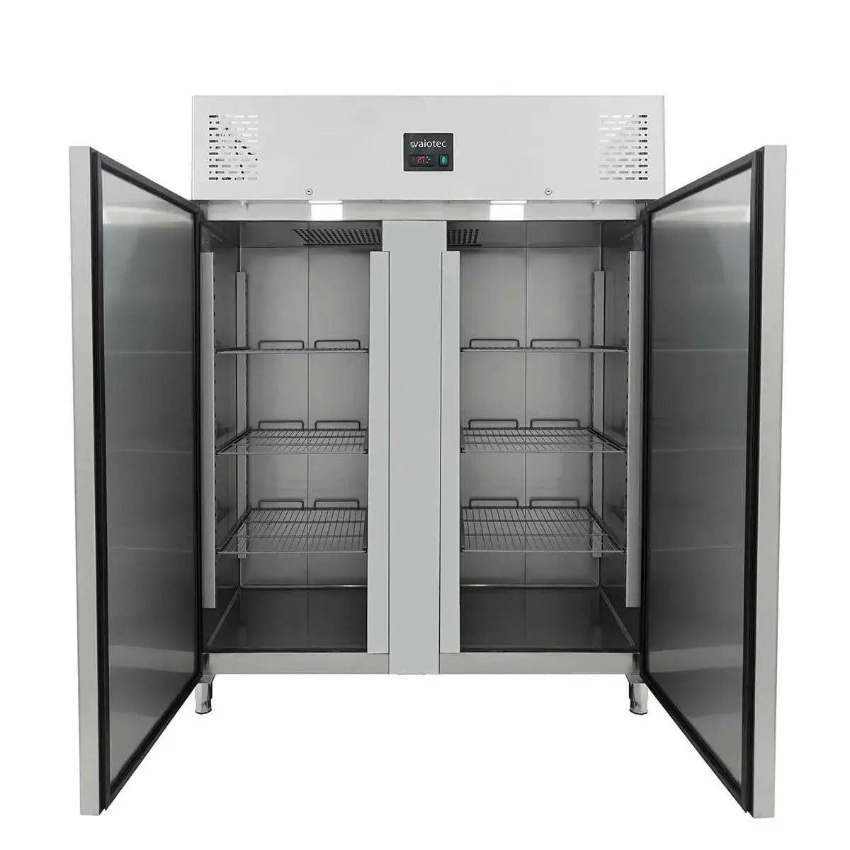 Professioneller Edelstahl-Kühlschrank mit offenen Türen und Metallregalen für Gastronomie