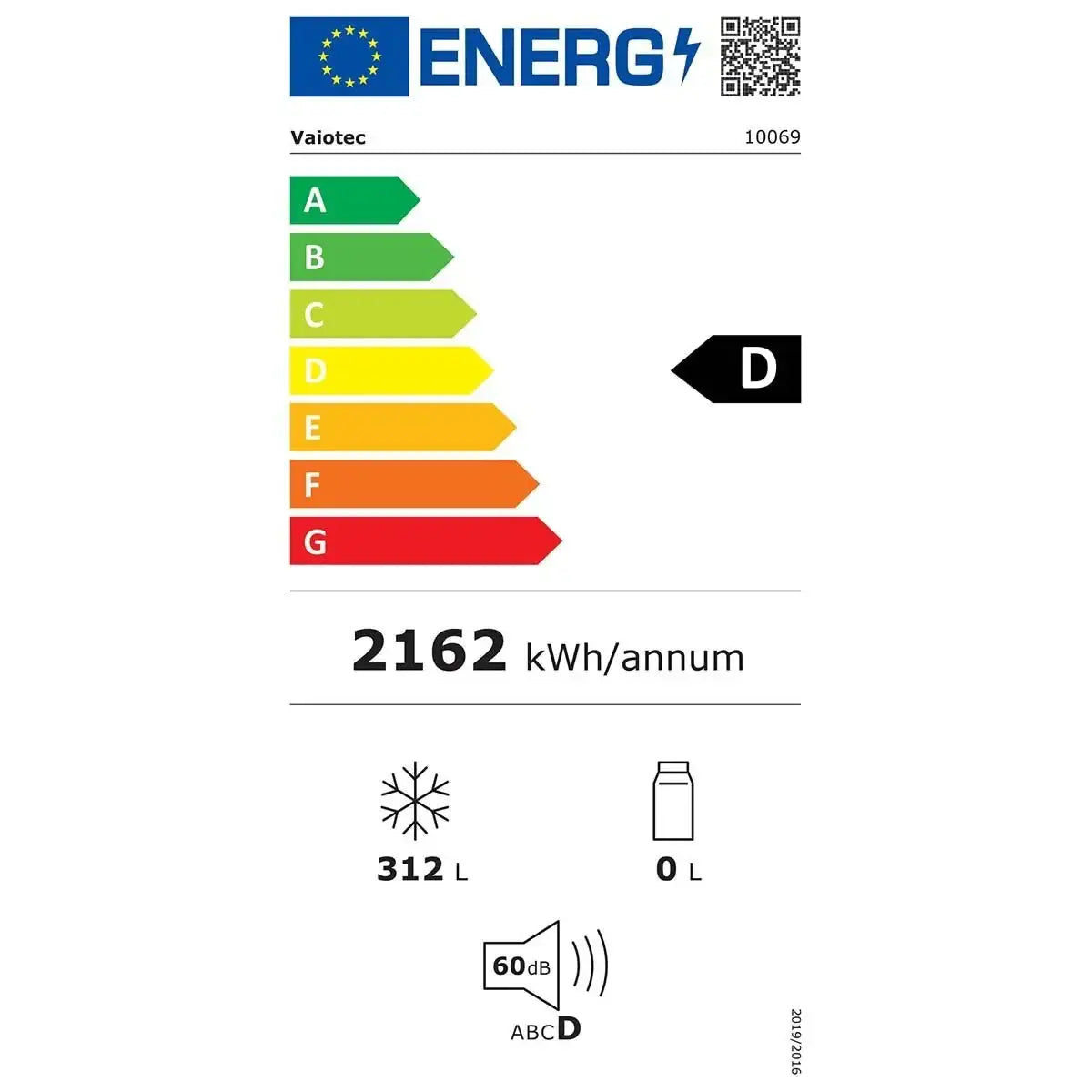 Energieeffizienzklasse D, 2162 kWh/Jahr, 312 L Kühlraum, 60 dB Geräuschpegel