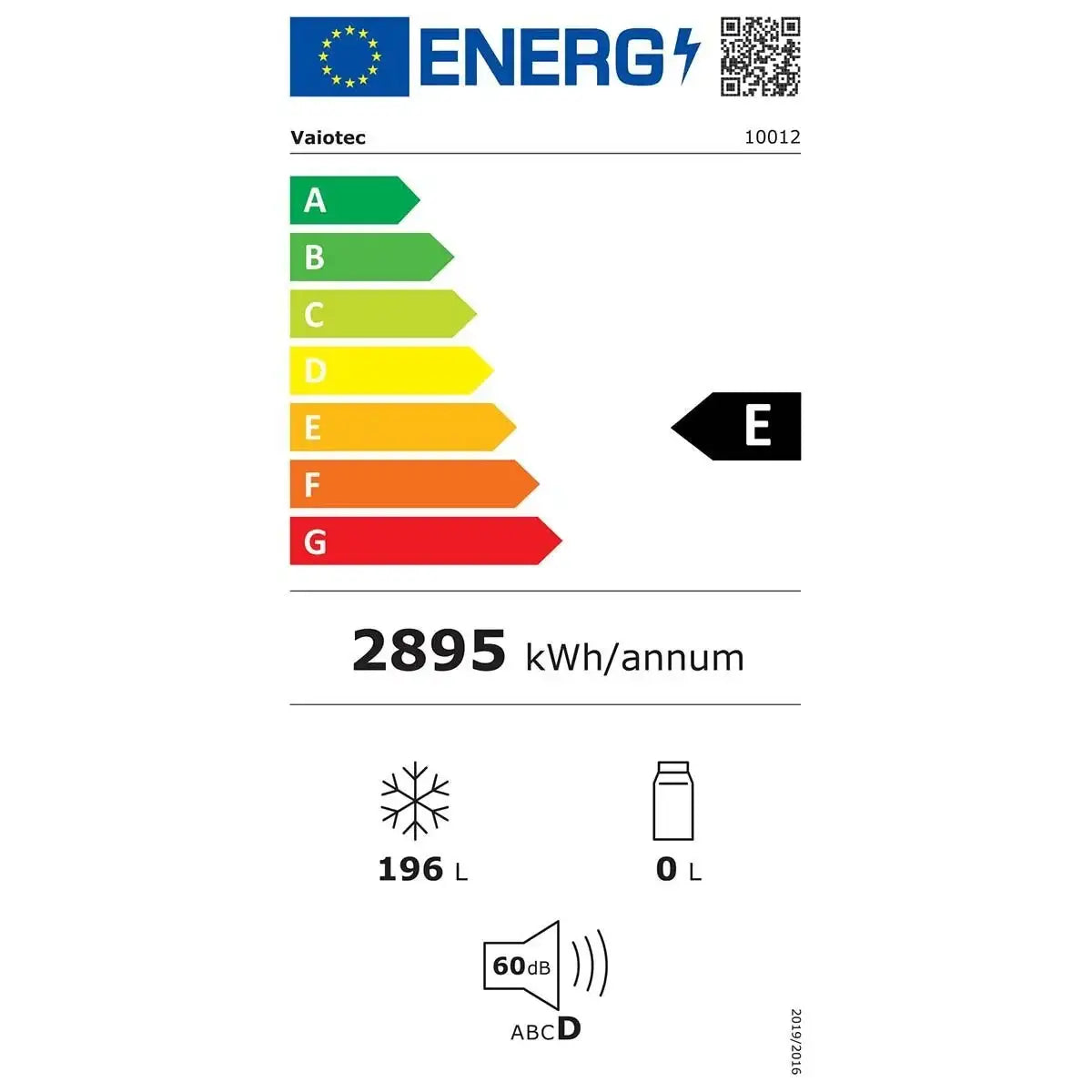 Energieeffizienzklasse E, 2895 kWh/Jahr, 196 L Kühlraum, 60 dB Geräuschpegel – Vaio tec