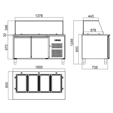 EASYLINE Zubereitungstisch / 2-fach mit Türen, Glasaufbau, für 4x GN 1/1 "grau", 1500 x 800 mm - Gastro-Bedarf24 GmbH