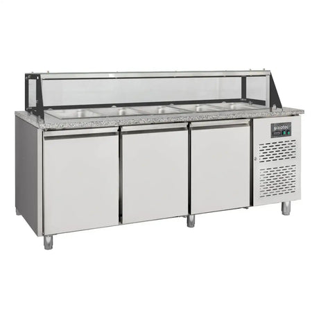 EASYLINE Zubereitungstisch / 3-fach mit Türen, Glasaufbau, für 5x GN 1/1 "grau", 2000 x 800 mm - Gastro-Bedarf24 GmbH