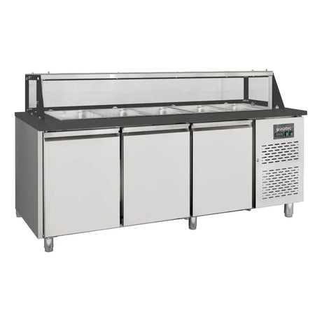 EASYLINE Zubereitungstisch / 3-fach mit Türen, Glasaufbau, für 5x GN 1/1 "schwarz", 2000 x 800 mm - Gastro-Bedarf24 GmbH