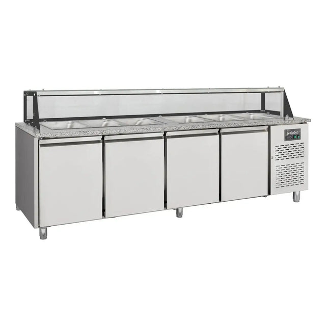 EASYLINE Zubereitungstisch / 4-fach mit Türen, Glasaufbau, für 6x GN 1/1 "grau", 2500 x 800 mm - Gastro-Bedarf24 GmbH