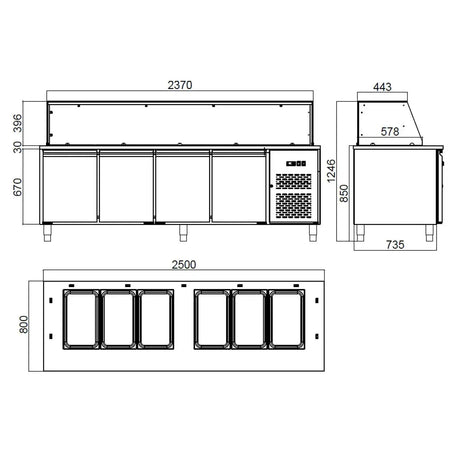 EASYLINE Zubereitungstisch / 4-fach mit Türen, Glasaufbau, für 6x GN 1/1 "schwarz", 2500 x 800 mm - Gastro-Bedarf24 GmbH
