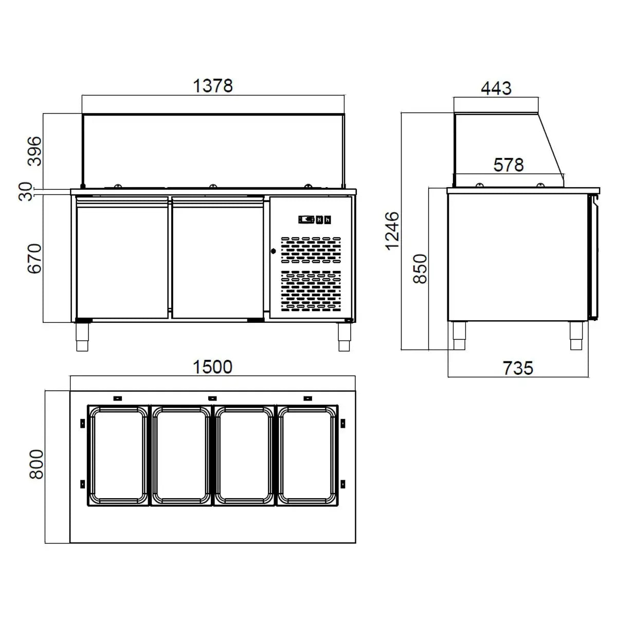 طاولة تحضير EASYLINE / ثنائية مع أبواب، هيكل زجاجي، لأربعة GN 1/1 "رمادي"، 1500 × 800 مم