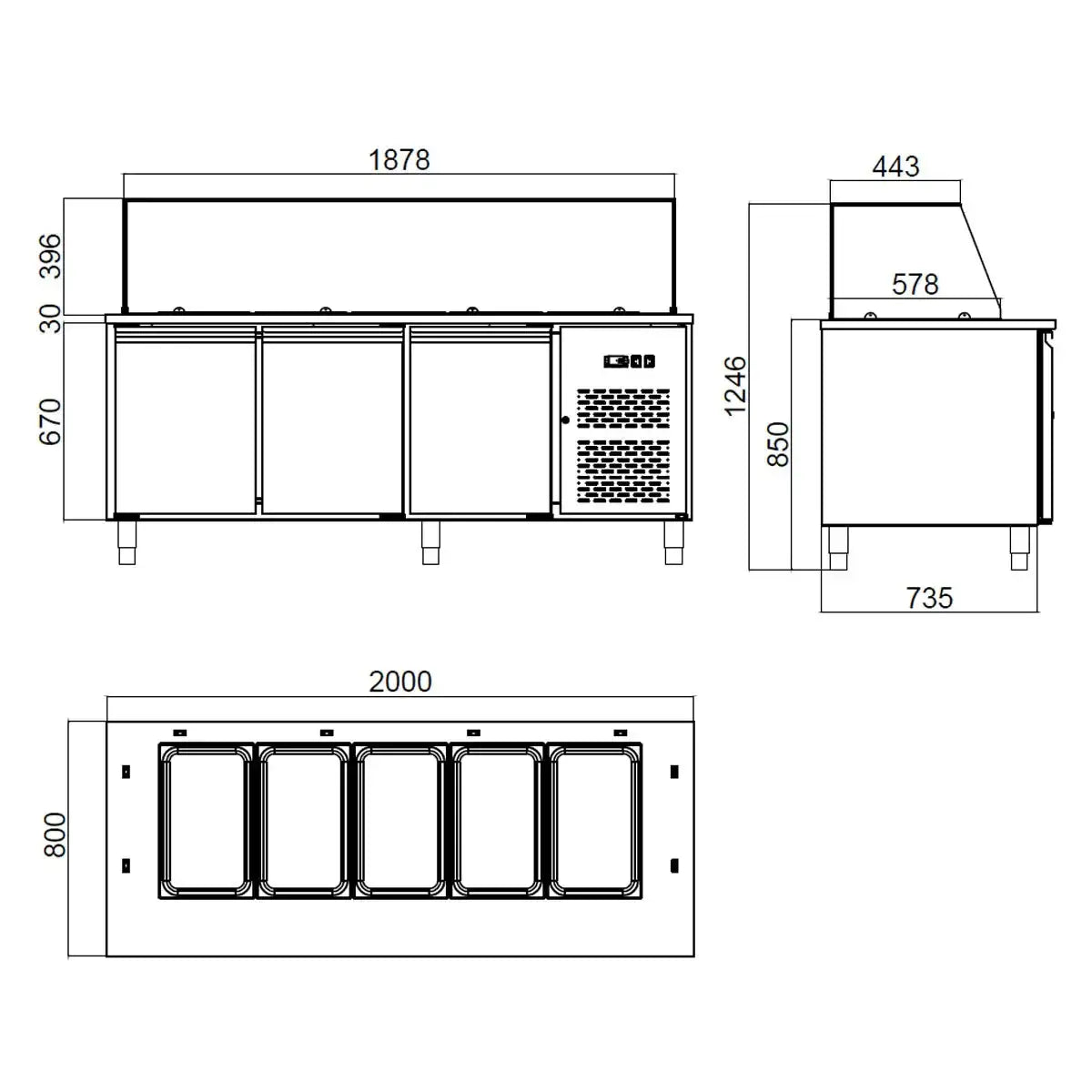 EASYLINE Zubereitungstisch / 3-fach mit Türen, Glasaufbau, für 5x GN 1/1 "schwarz", 2000 x 800 mm