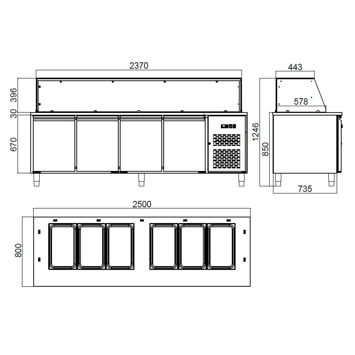 EASYLINE hazırlık masası / 4 bölmeli, kapılı, cam üst yapı, 6 adet GN 1/1 "siyah" model için, 2500 x 800 mm