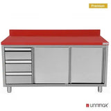 Edelstahl Arbeitsschrank - 1400x700x850mm - mit Schiebetür und 3 Schubladen links - inkl. Schneidplatte Rot - Gastro-Bedarf24 GmbH