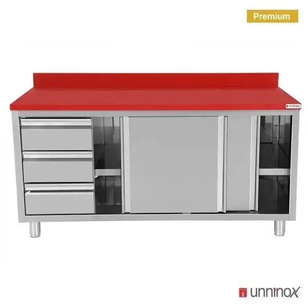 Edelstahl Arbeitsschrank - 1400x700x850mm - mit Schiebetür und 3 Schubladen links - inkl. Schneidplatte Rot - Gastro-Bedarf24 GmbH
