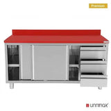 Edelstahl Arbeitsschrank - 1400x700x850mm - mit Schiebetür und 3 Schubladen rechts - inkl. Schneidplatte Rot - Gastro-Bedarf24 GmbH
