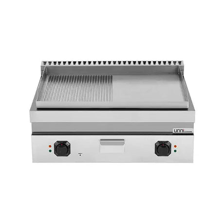 Elektrische Grillplatte - 800x700x350 mm - 1/2 glatt + 1/2 gerillt - Chrome - 9 kW - Gastro-Bedarf24 GmbH