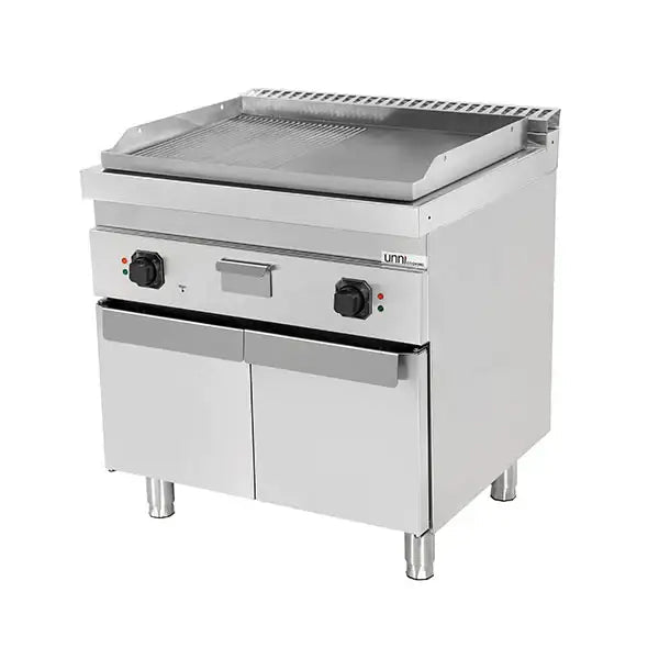 Elektrische Grillplatte - 800x700x850/900 mm - 1/2 glatt + 1/2 gerillt - 9 kW - Gastro-Bedarf24 GmbH