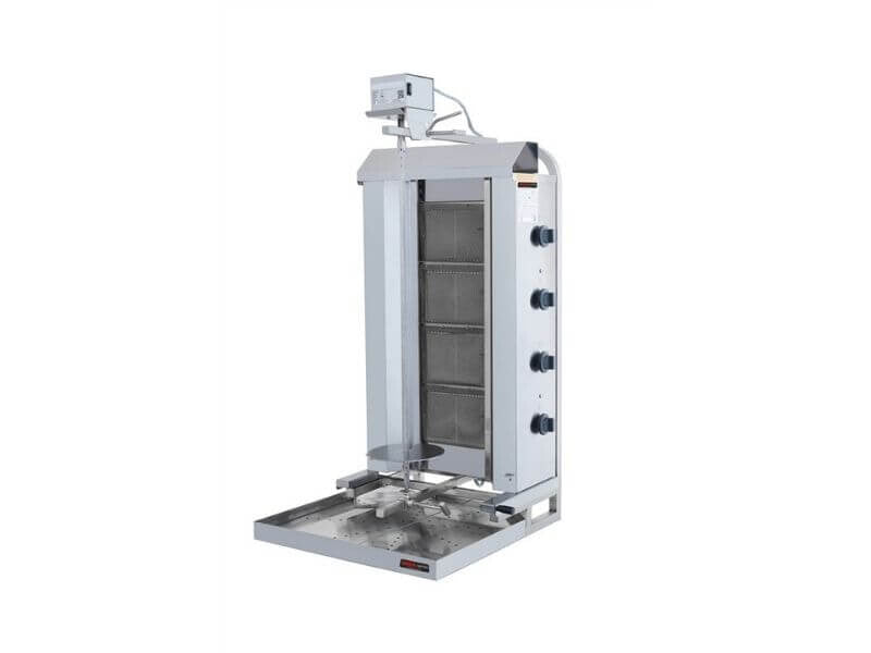 Gas Dönergrill mit Motor oben / Gyrosgrill 4 Brenner / Beweglich / max. 60 kg / inkl. Flügeltüren