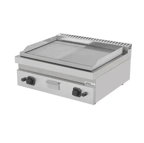 Gas-Grillplatte - 800x700x300 mm - 1/2 glatt – 1/2 gerillt - 13 kW - Gastro-Bedarf24 GmbH