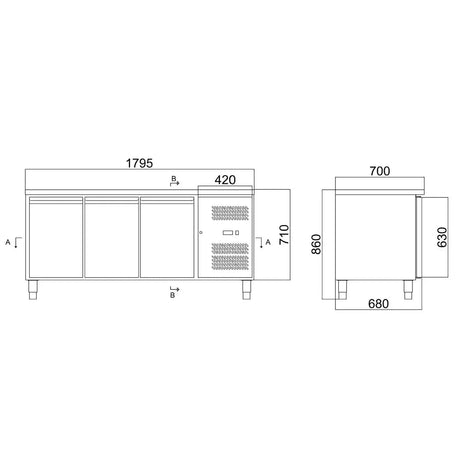 Kühltisch / 2 Türen & 3 Schubladen links - Monoblock, 1795 x 700 mm - Gastro-Bedarf24 GmbH