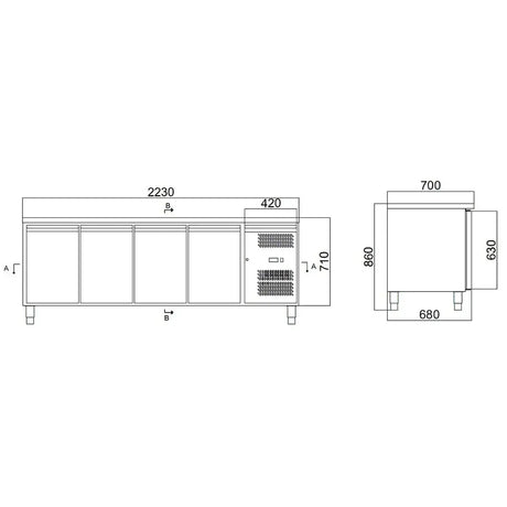 Kühltisch / 4-türig - Monoblock, 2230 x 700 mm - Gastro-Bedarf24 GmbH