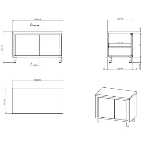 Profiline Arbeitsschrank - 700 mm & mit Schiebetüren - Gastro-Bedarf24 GmbH