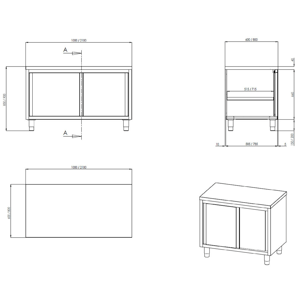 Profiline Arbeitsschrank - 700 mm & mit Schiebetüren - Gastro - Bedarf24