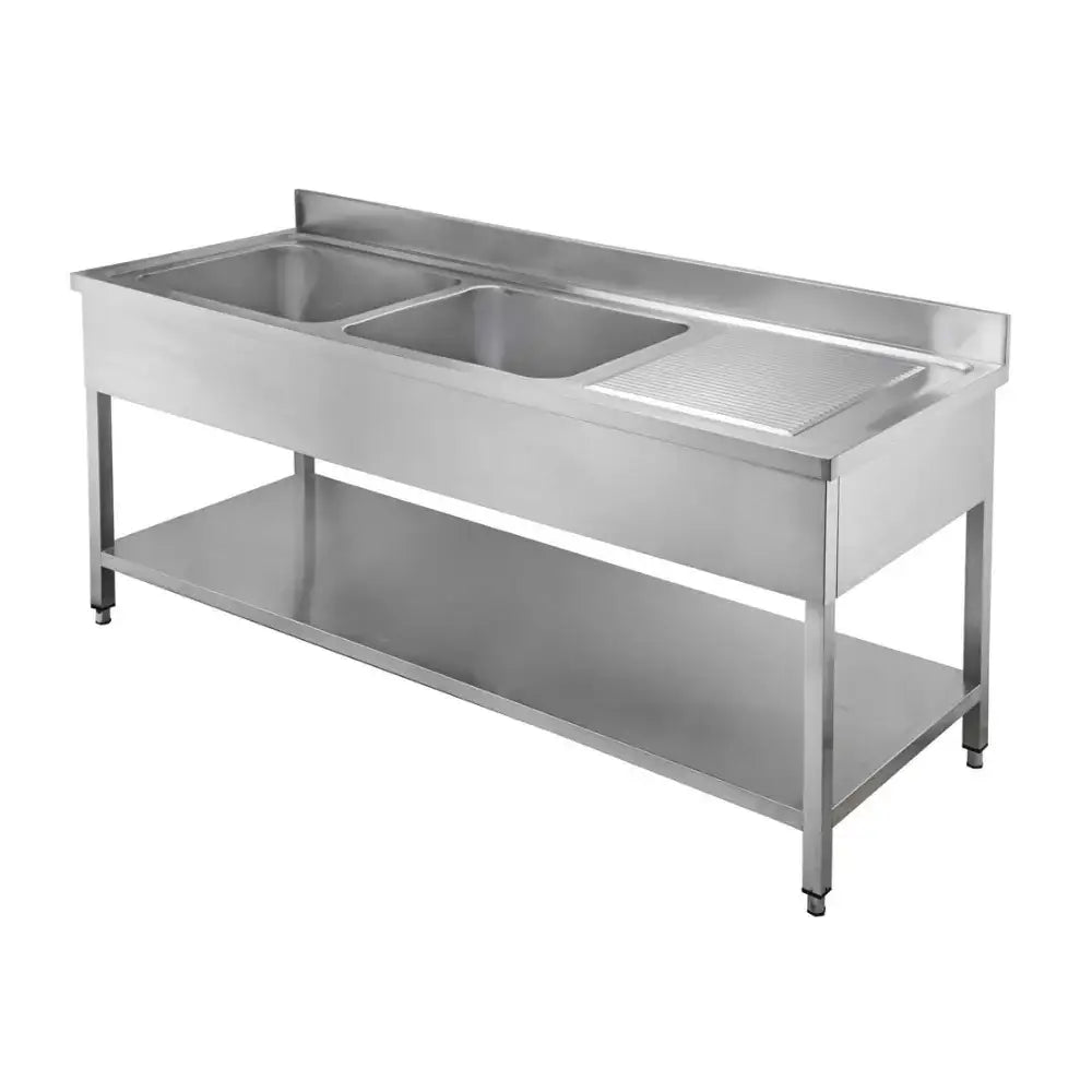 Edelstahl-Gastro-Spüle mit zwei Becken und Ablagefläche für professionelle Küche