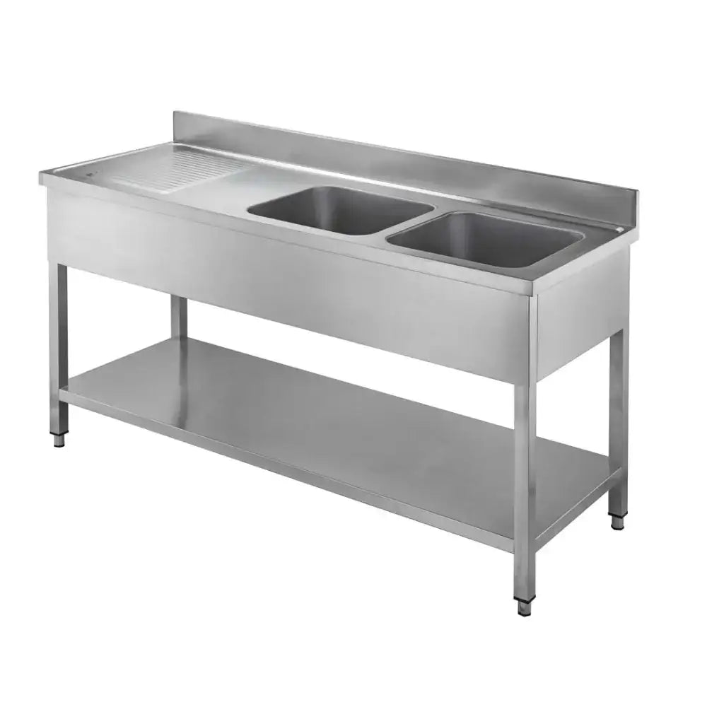 Edelstahl-Gastro-Spüle mit zwei Becken und Ablageboden für professionelle Küchen