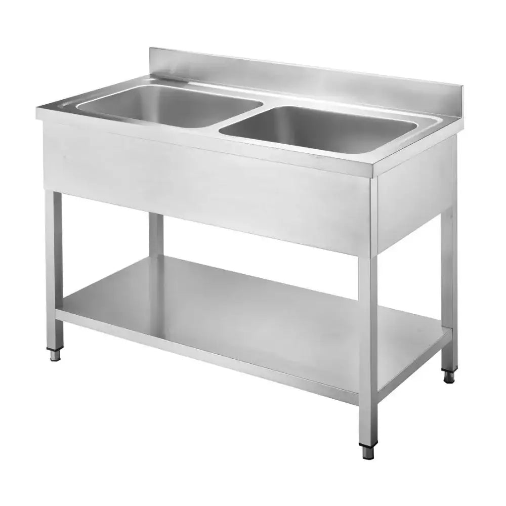 Edelstahl-Gastro-Spüle mit zwei Becken und Ablageboden für professionelle Küchen