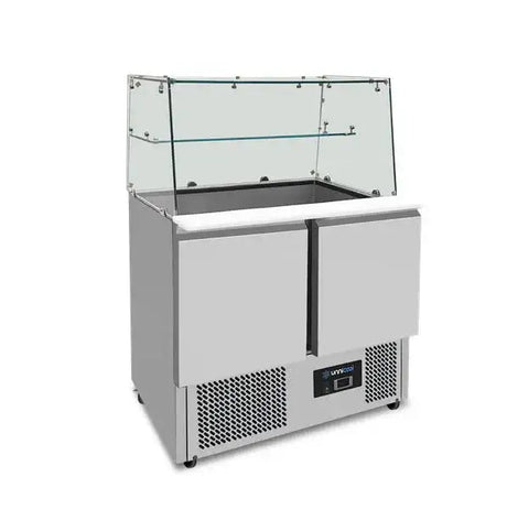 Saladette mit Glasplatte | 2 Türen | Statische Kühlung | 90x70x85(h)cm - Gastro-Bedarf24 GmbH