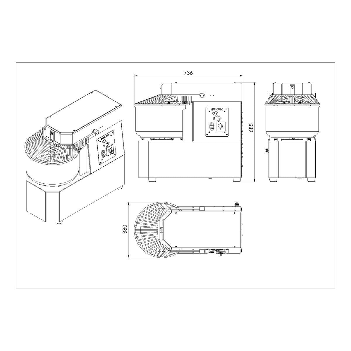 Teigknetmaschine fester Kessel - 20 Liter / 230 Volt / 2 Geschwindigkeiten, 736 x 380 mm