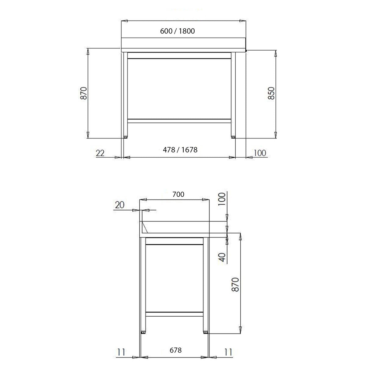 TOPLINE boşaltma tezgahı, arka yükseltmeli, sol yan eklemeli, 1200 x 700 mm
