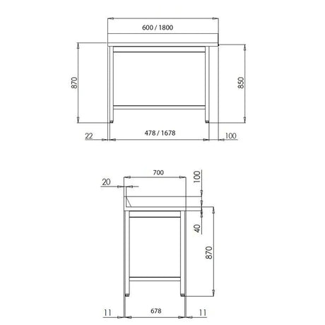 TOPLINE Ablauftisch 700, mit Aufkantung, Anbauseite rechts B:1200 - Gastro-Bedarf24 GmbH