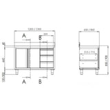 TOPLINE Arbeitsschrank 600 / 2 Schiebetüren, 3 Schubladen rechts & Aufkantung B:1800