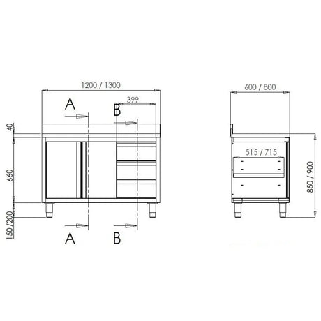 TOPLINE Arbeitsschrank 700 / 2 Schiebetüren, 3 Schubladen rechts & Aufkantung B:1500 - Gastro-Bedarf24 GmbH