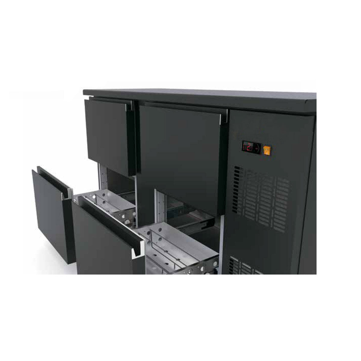 TOPLINE Barkühltisch schwarz / 4 Schubladen, 1485 x 530 mm