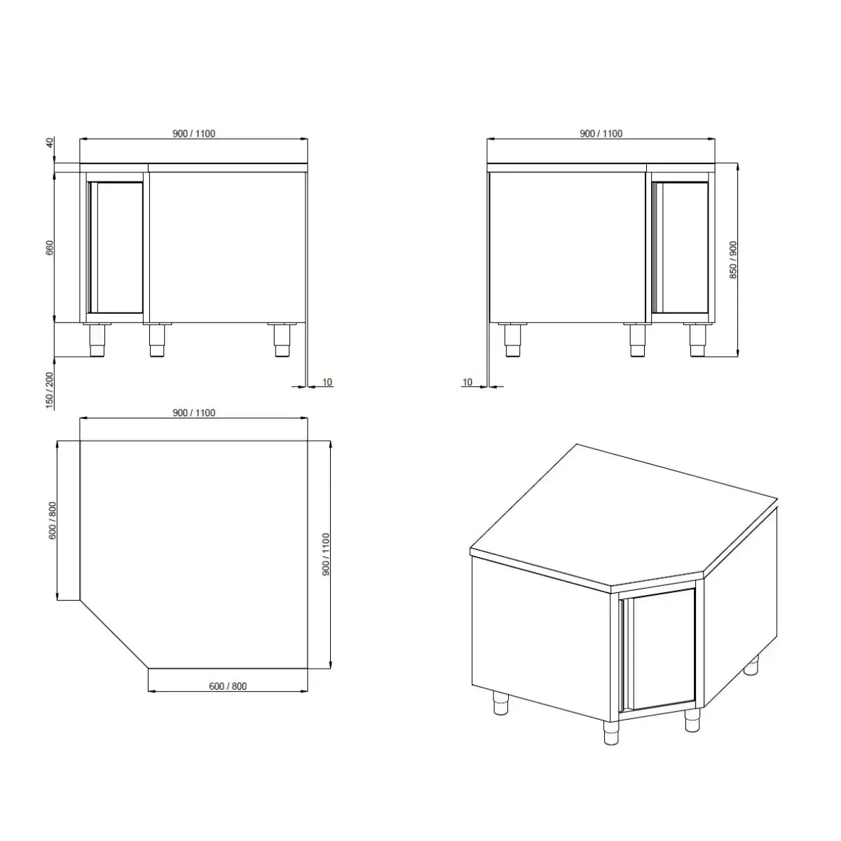 TOPLINE corner work cabinet / hinged door, 1000 x 1000 mm