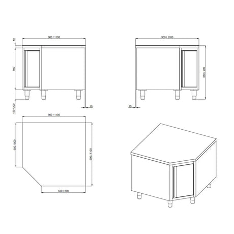 TOPLINE Eckarbeitsschrank / Flügeltür , 1000 x 1000 mm - Gastro-Bedarf24 GmbH