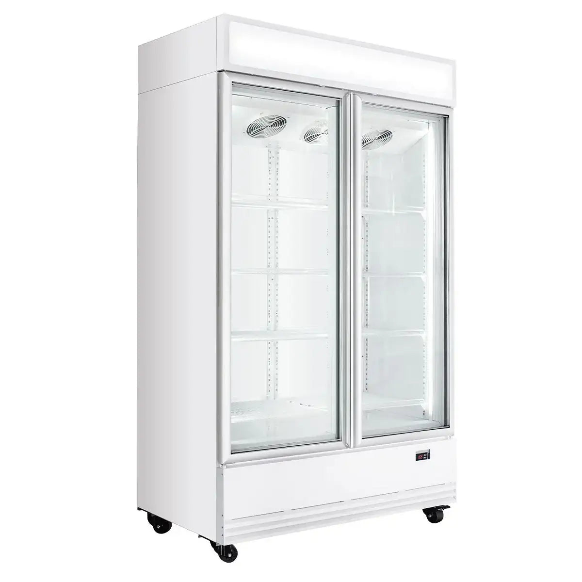 Professioneller Kühlschrank mit 2 Glastüren für Gastronomie, Edelstahl, rollbar, ideal für Getränke und Lebensmittel